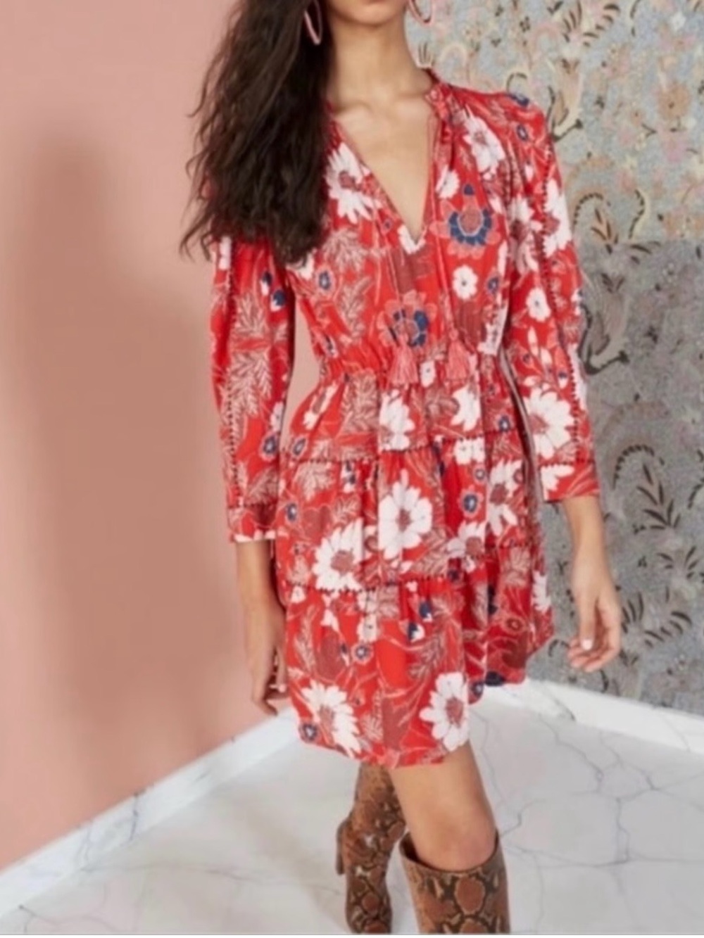 Ulla Johnson Red Floral V‑Neck Tiered Mini Dress